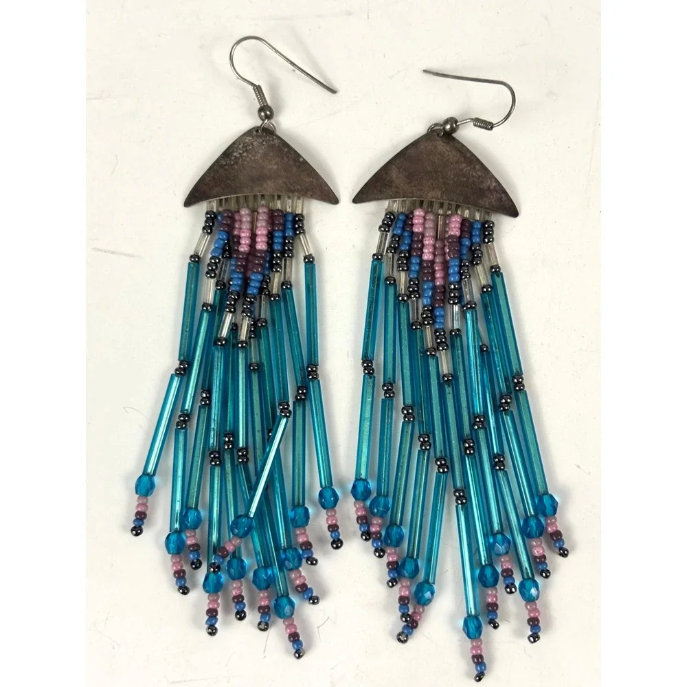 Vintage Southwestern Beaded Fringe Dangle Earrings Blue Glass‎ Tube Beads